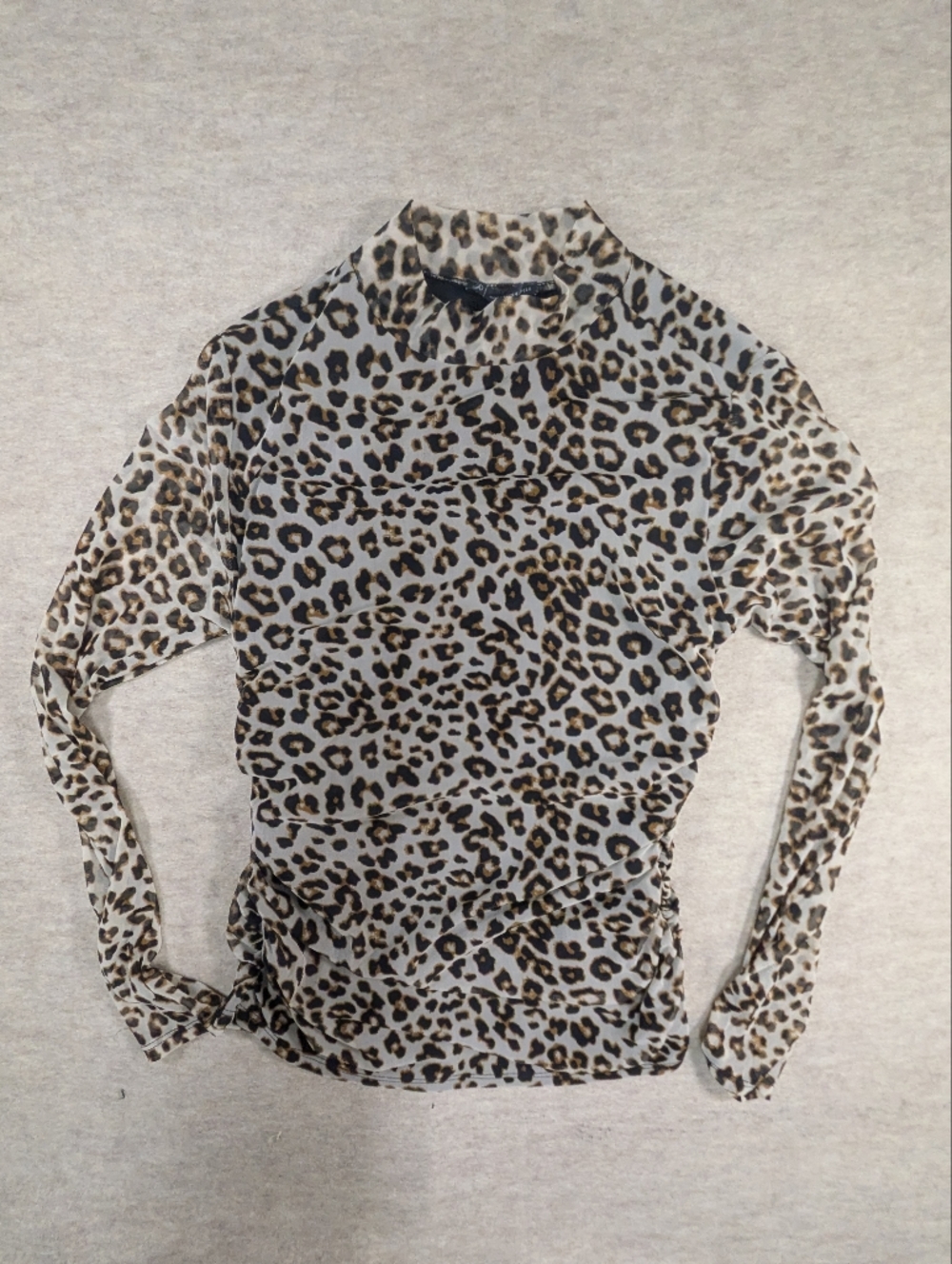 Leopard Print Sheer Long Sleeve Top Neutral Animal Print Cinched Sides Large